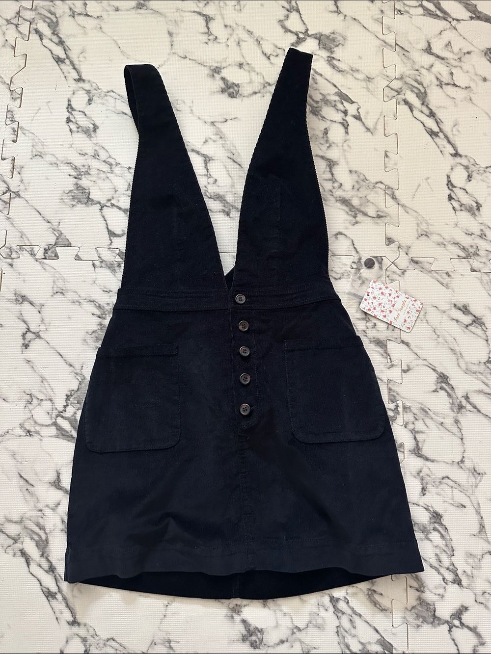 Free People Black Corduroy Button-Front Pinafore Mini Dress